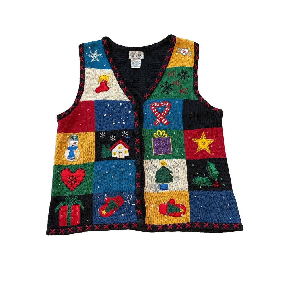 Vintage Basic Editions Sweater Vest Womens Large Patchwork Holiday Novelty 90s
